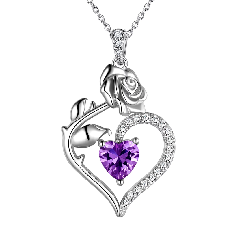 925 Sterling Silver Birthstone Necklace - Heart Rose Pendant