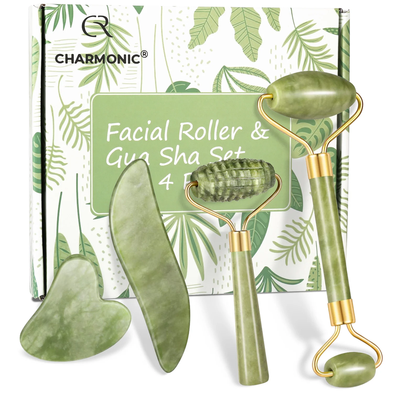 4 Piece Set Jade Roller and Gua Sha Facial Massager Set 