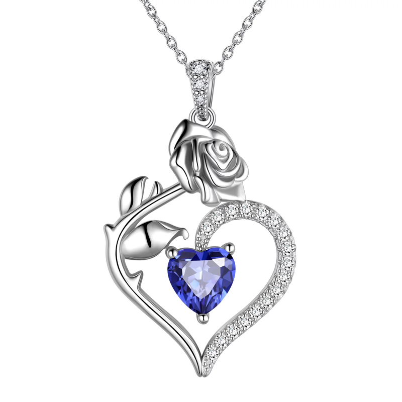 925 Sterling Silver Birthstone Necklace - Heart Rose Pendant