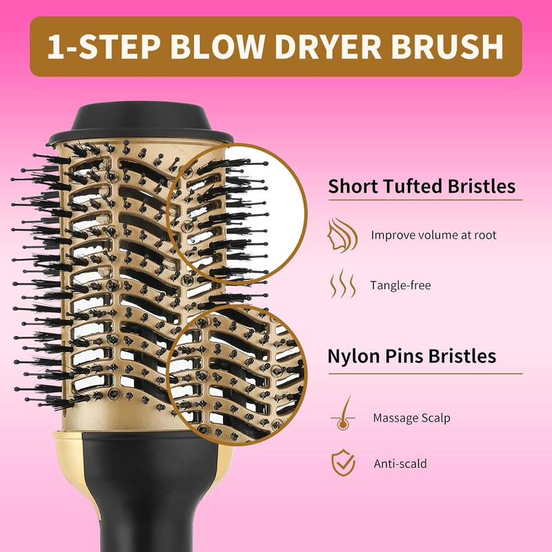 Hot Air Brush Dryer, Oval Brush for Blow Drying, Hair Dryer Brush One-Step Hot Air Styling Tools, 1000W, Ceramic Coating, 3 Heat Settings, 360 Swivel Cord, Black & Gold