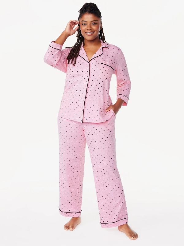 Women’s 2 Piece Pajama Set - Cotton Blend Notch Collar Top and Pants 