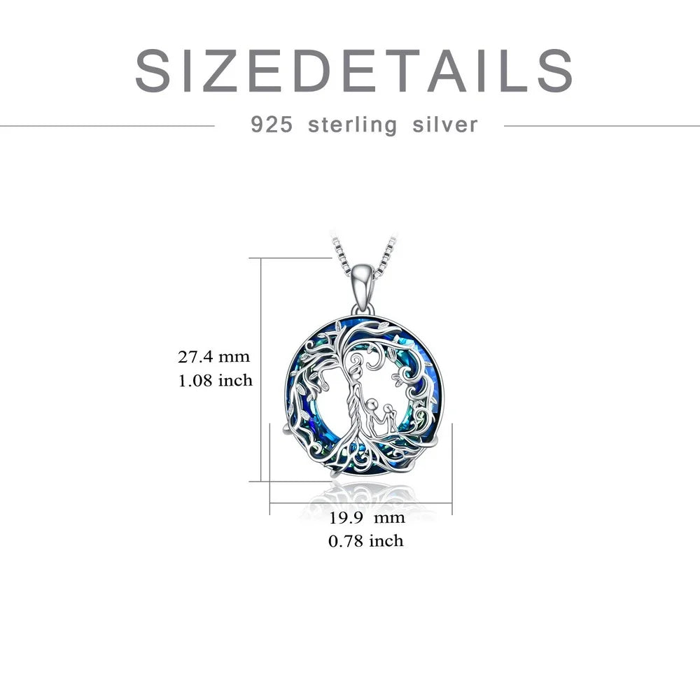 Mothers Day Gifts for Mom S925 Sterling Silver Mother and 2 Children Family Tree of Life Pendant Necklaces with Blue Crystal Jewelry Gifts for Women Mom Daughter Wife Birthday Anniversary