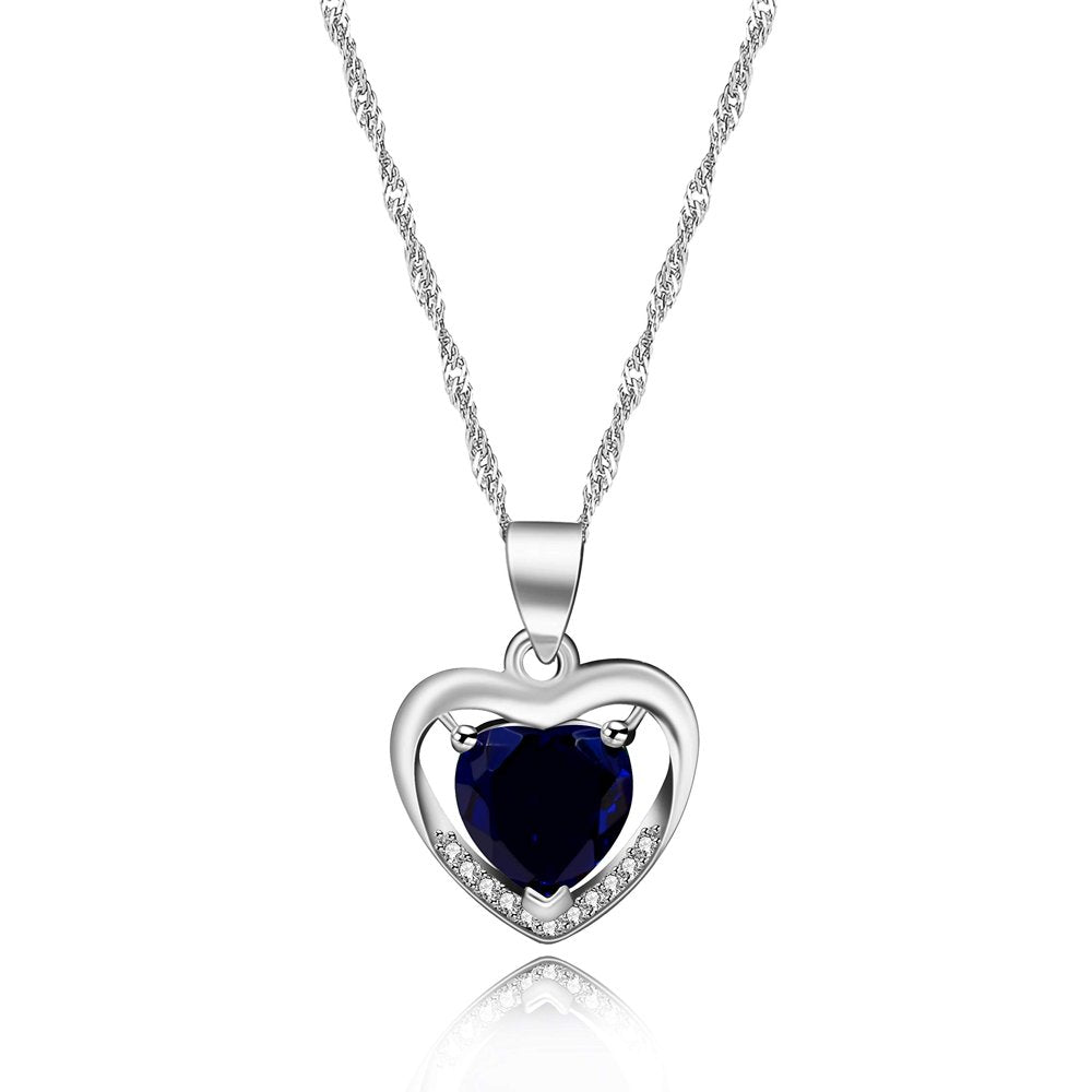 Silver Color Deep Blue Crystal Heart Pendant Birthstone Necklace Doubel Heart Design Valentines Jewelry for Women (Dark Blue)