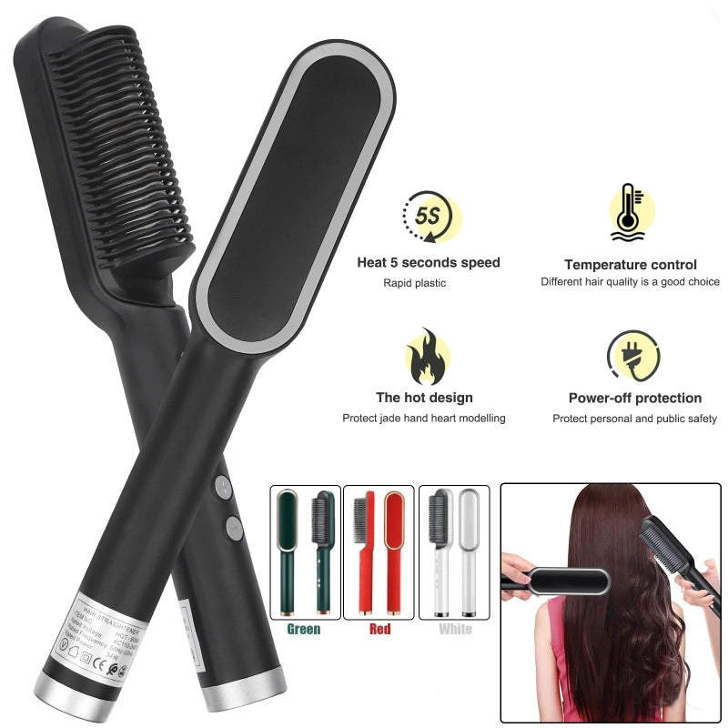 2-in-1 Electric Hair Straightener Brush - Fast Heat Curler Brush Hot Comb Portable