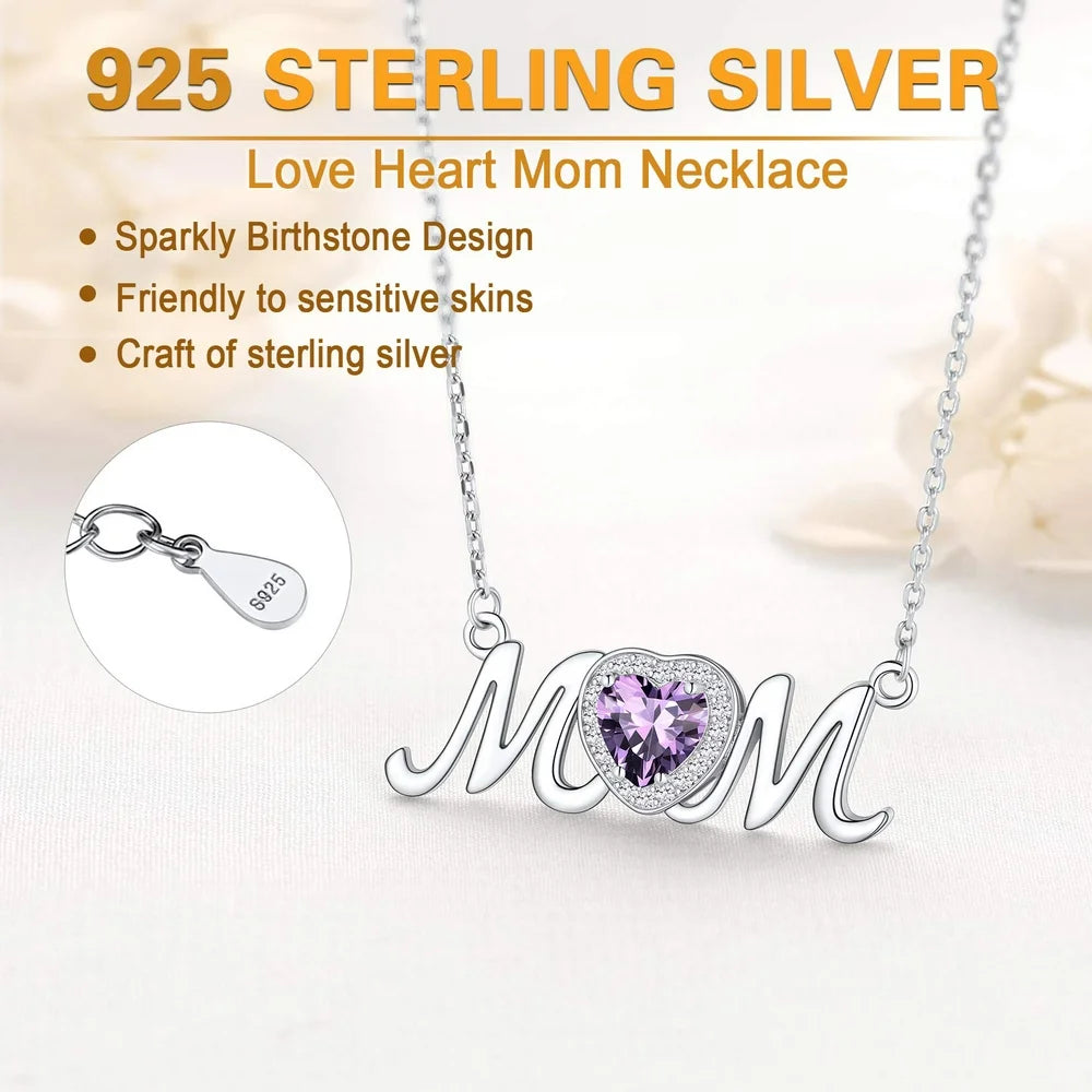 925 Sterling Silver Birthstone Love Heart Mom Necklace Jewelry for Women Mother's Necklaces Choker Birthday Mothers Day Gift