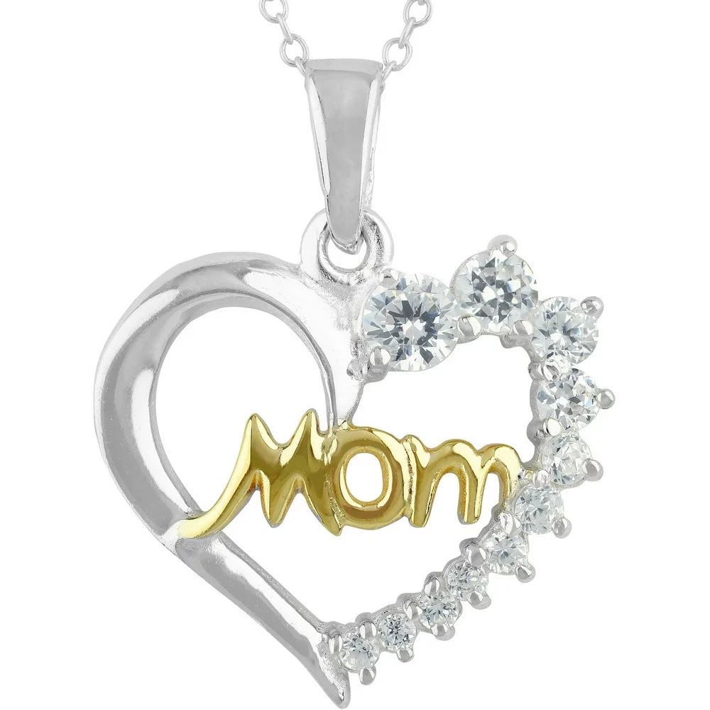 Simulated Diamond Mom Heart Necklace in Two Tone Sterling Silver with 14KT Gold Plate