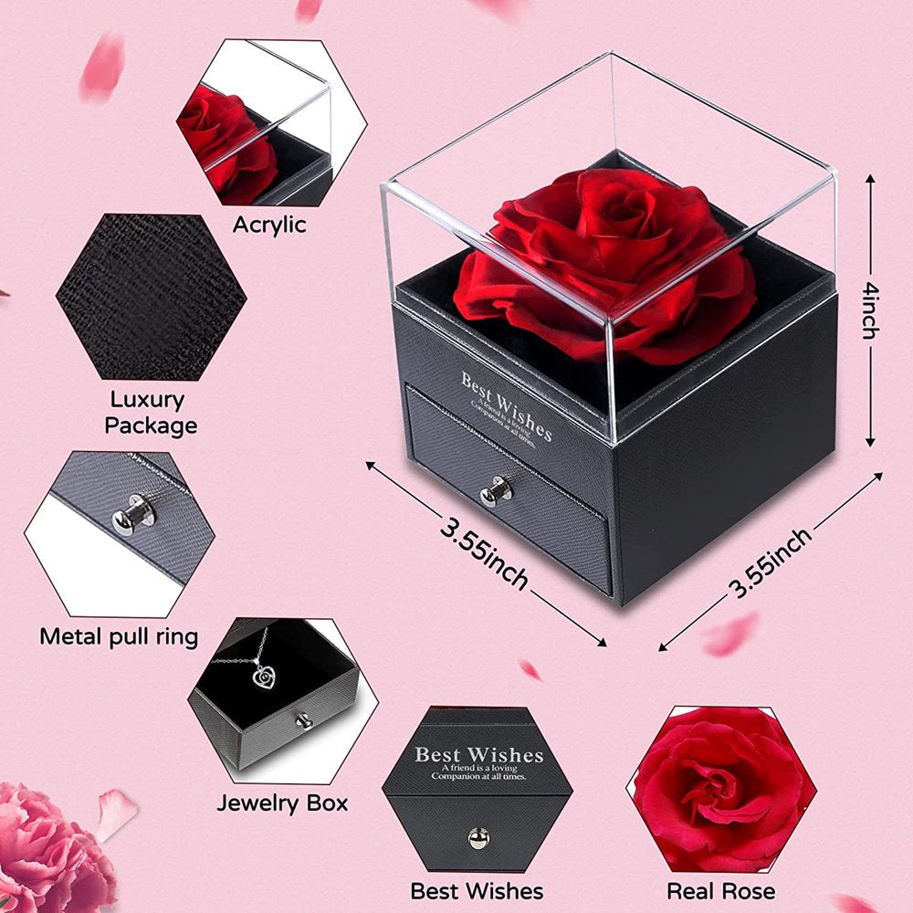 Mothers Day Gifts for Mom - Preserved Real Rose with Necklace, Eternal Rose Flower with Jewelry Storage Box, Love You Necklace in 100 Languages, Gifts for Christmas Birthday Valentines Day