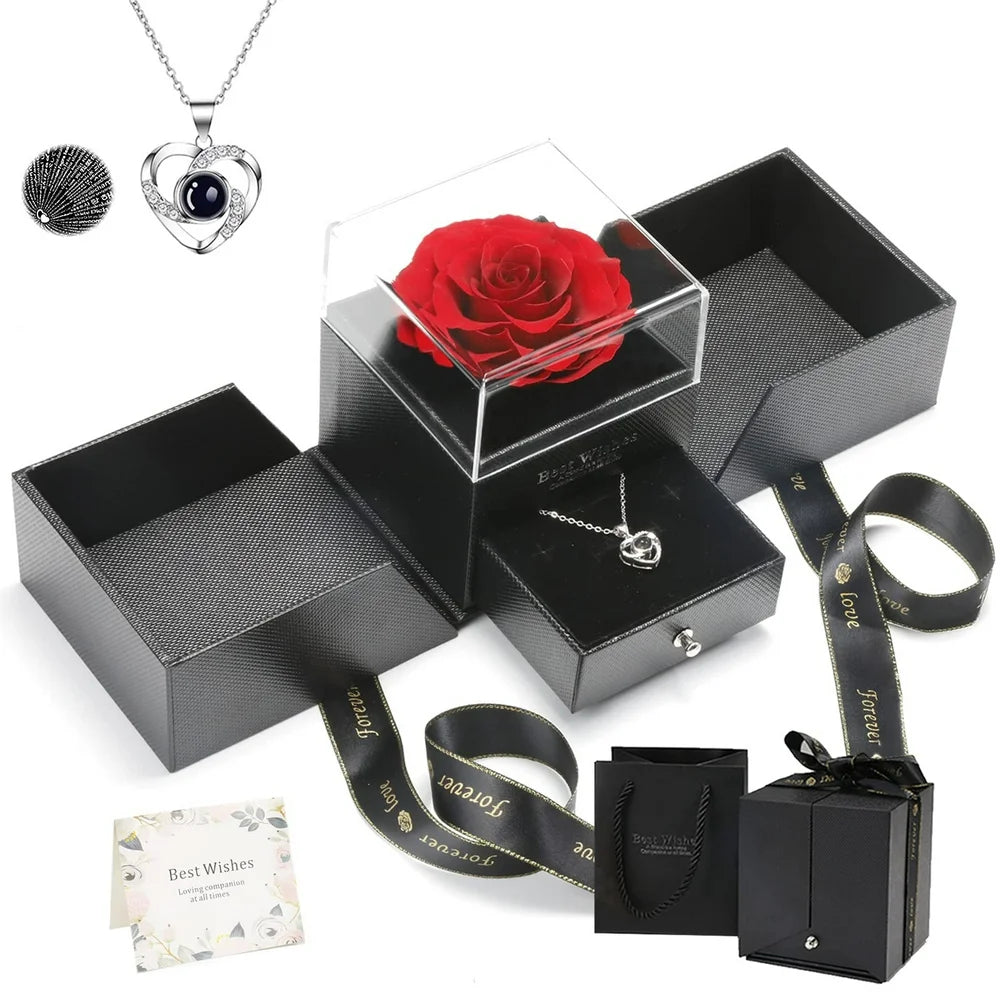 Preserved Real Rose with Necklace Gift Set, Gifts for Mom Eternal Rose Flower with Jewelry Storage Box, Love You Necklace in 100 Languages, Gifts for Christmas Birthday Valentines Day Mothers Day
