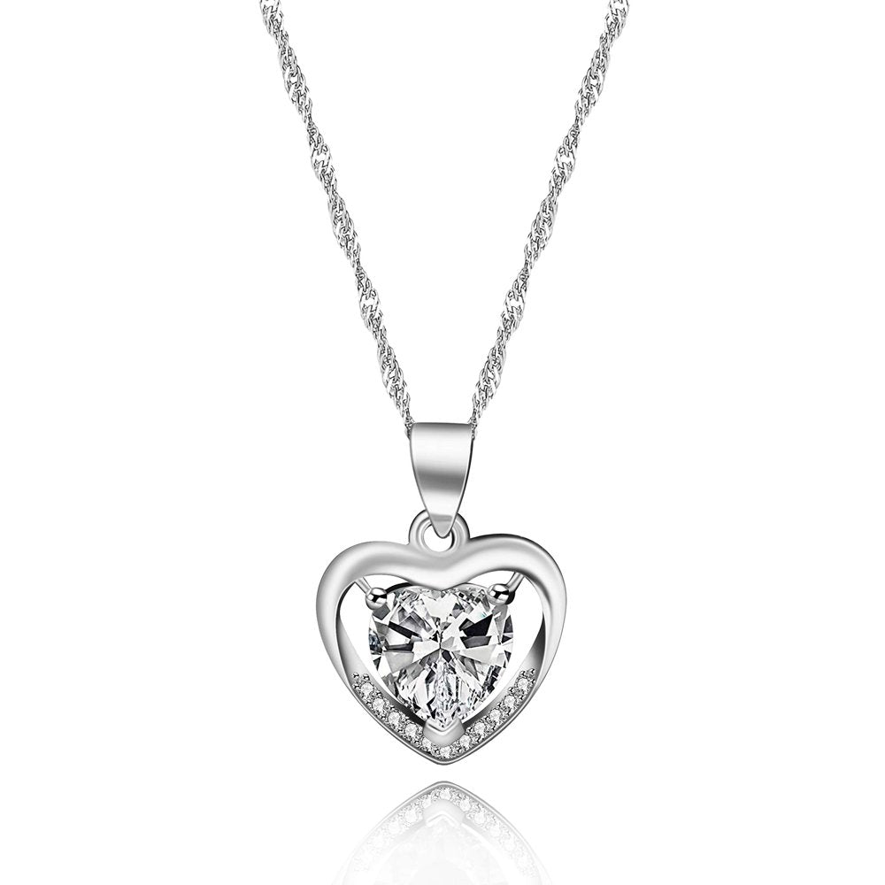 Platinum Plated Light Blue Cubic Zirconia Double Heart Pendant Necklace Valentines Jewelry Gifts for Women (Light Blue)