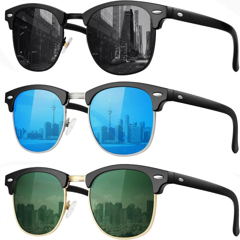 3 Pack Classic Polarized Sunglasses with 100% UV Protection - Retro Style Semi Rimless Frames