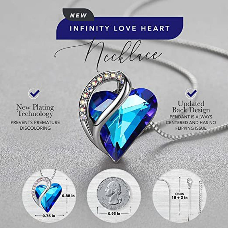 Womens Silver Plated Infinity Love Heart Pendant Necklace with Birthstone Crystals, Jewelry Gifts for Her, Anniversary Birthday Mother's Necklaces for Wife Mom