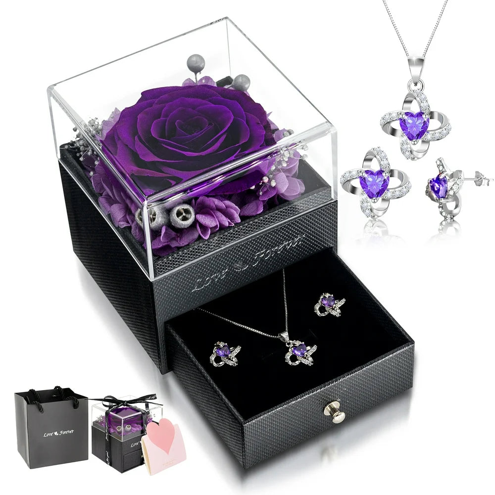 Eternal Rose with Necklace Earrings Set Birthday Gifts for Women Mom Preserved Real Flowers Mothers Day Valentines Day Gifts Anniversary Jewelry Sets for Women Grandma Wife Girlfriend Her (Purple)