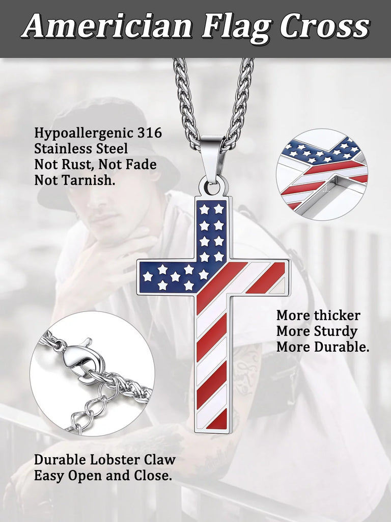 American Flag Patriotic Cross Necklace - Stainless Steel