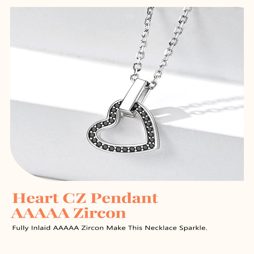 Women Sterling Silver Necklace with Black Cubic Zirconia, Heart Love Pendant Necklace Layering Necklace Gift for Mom Wife Girlfriend