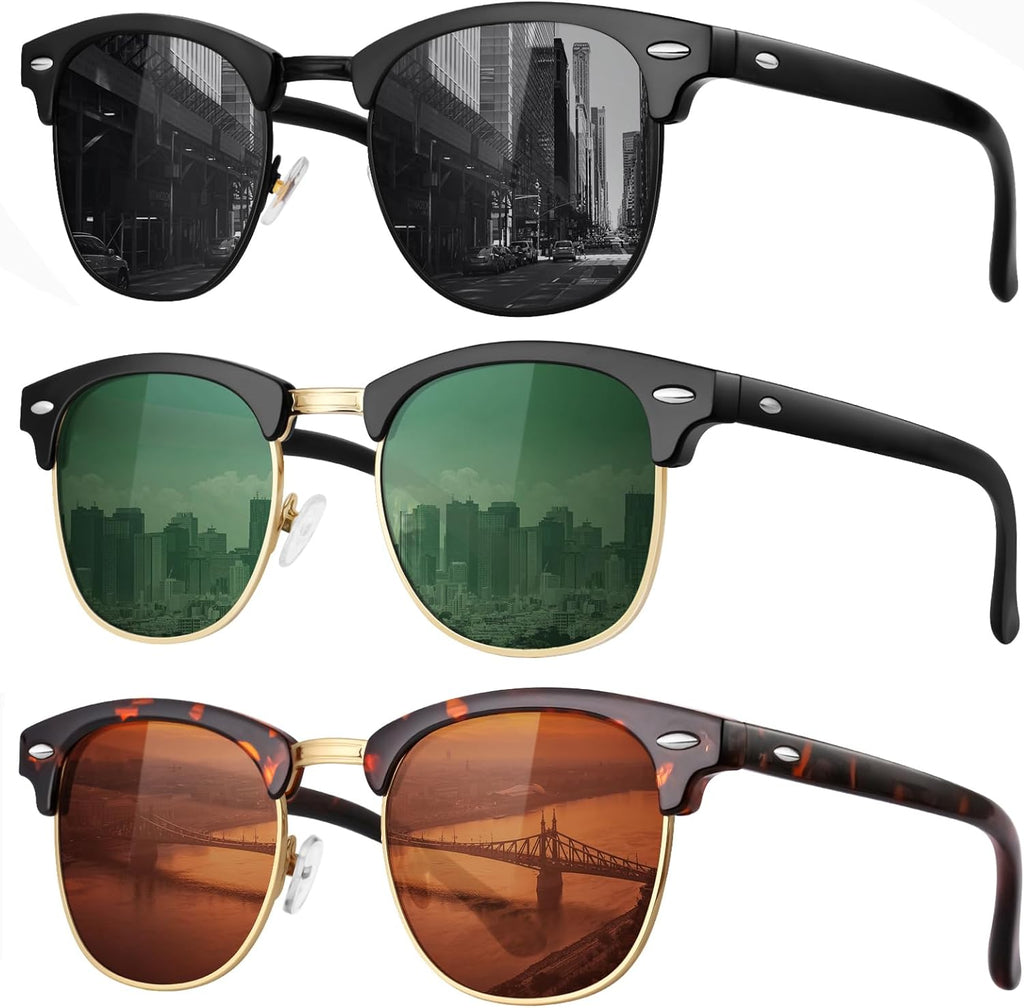 3 Pack Classic Polarized Sunglasses with 100% UV Protection - Retro Style Semi Rimless Frames