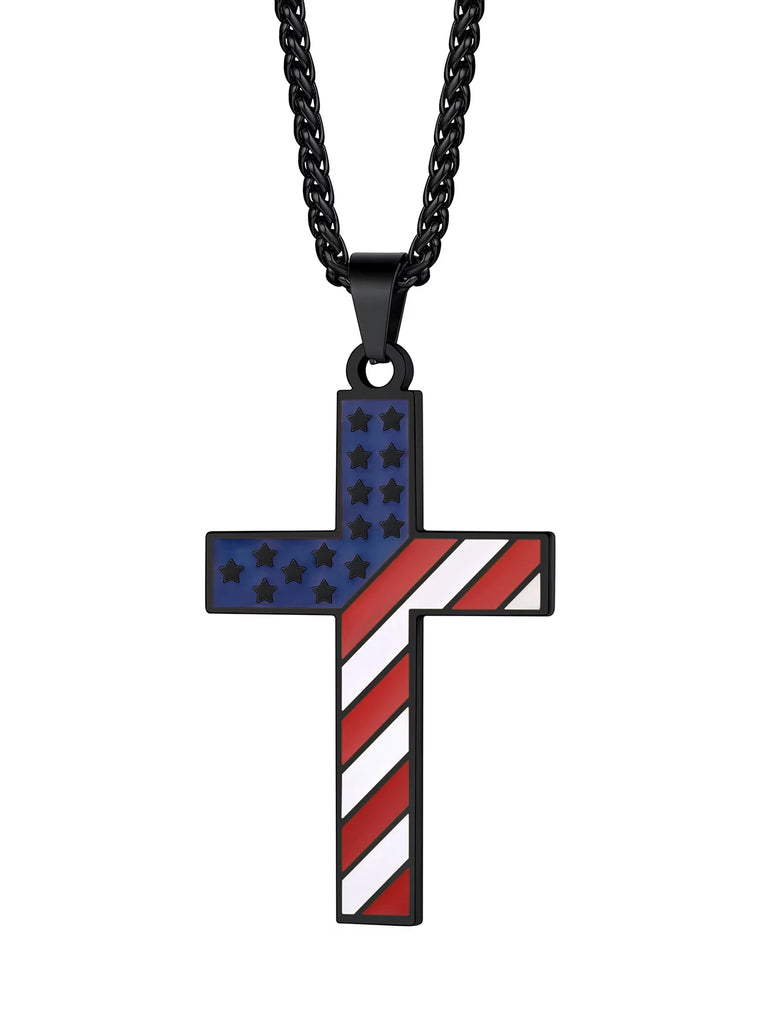 American Flag Patriotic Cross Necklace - Stainless Steel