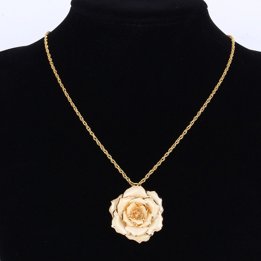 Estink Rose Flower Necklace for Mom Friend 30mm Golden Necklace Chain with 24k Gold Dipped Real Rose Pendant Gift for Women Mom Birthday Wedding Holiday Gift with Jewelry Box