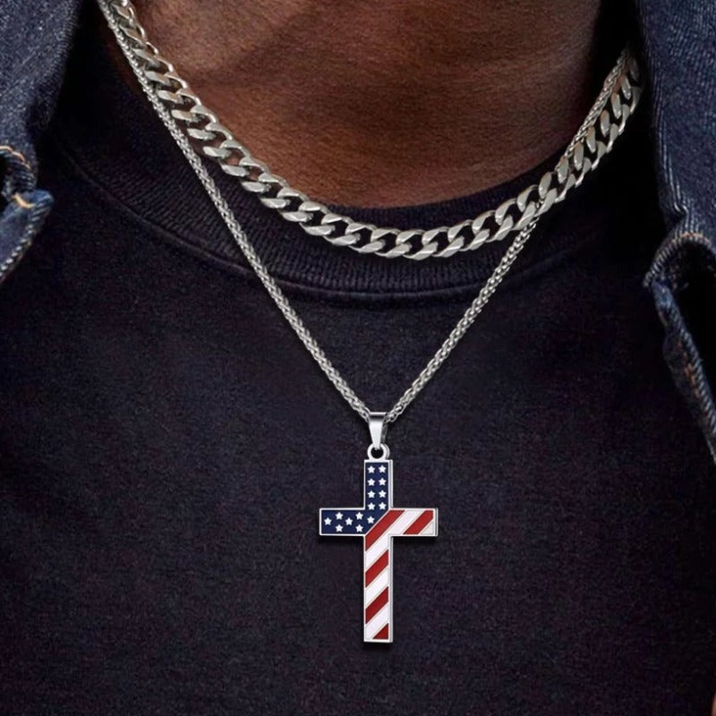 American Flag Patriotic Cross Necklace - Stainless Steel