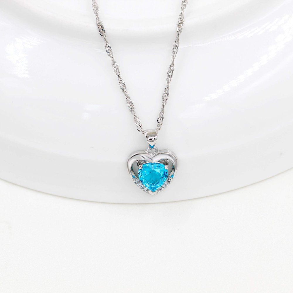 Platinum Plated Light Blue Cubic Zirconia Double Heart Pendant Necklace Valentines Jewelry Gifts for Women (Light Blue)