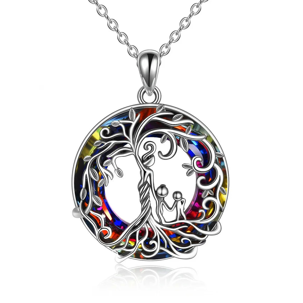 Mothers Day Gifts for Mom S925 Sterling Silver Mother and 2 Children Family Tree of Life Pendant Necklaces with Blue Crystal Jewelry Gifts for Women Mom Daughter Wife Birthday Anniversary