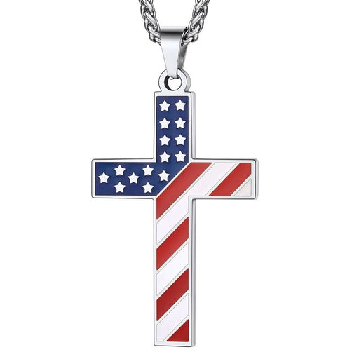 American Flag Patriotic Cross Necklace - Stainless Steel