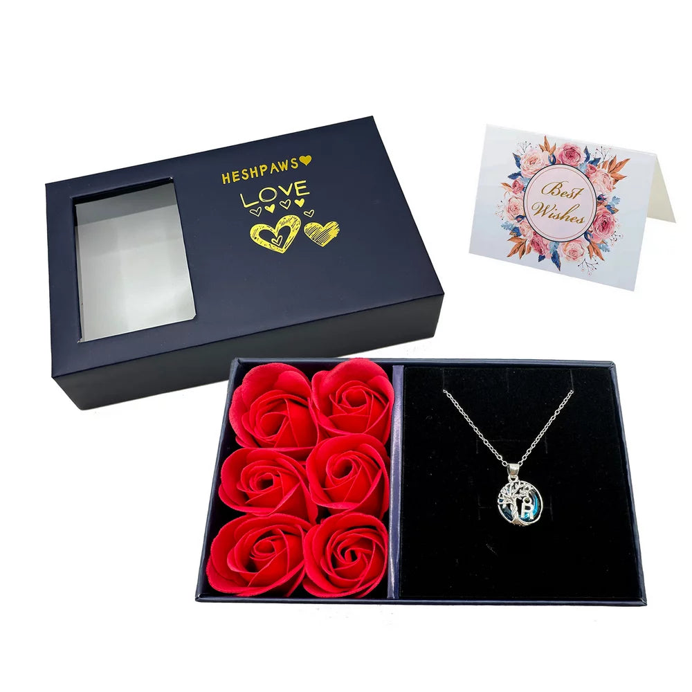 Rose Gift Box Tree of Life Necklace for Women with Initial A-Z Letter Necklace Jewelry Christmas birthday gifts