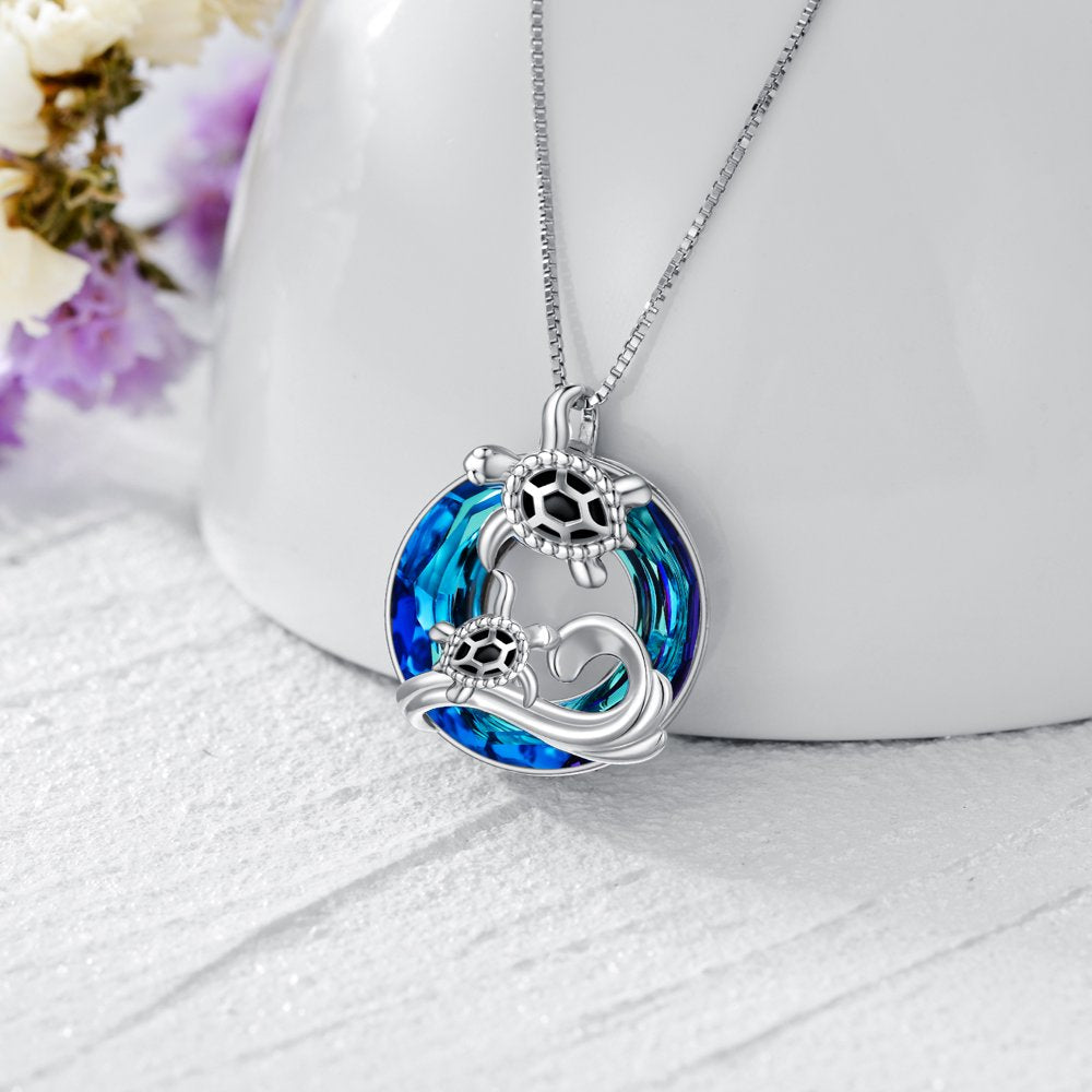 Sea Turtle Jewelry S925 Sterling Silver Ocean Beach Mother Child Turtle with Blue Crystal Necklaces Gift for Women Her Girl Mom Daughter Grandma Birthday Anniversary Mother's Day