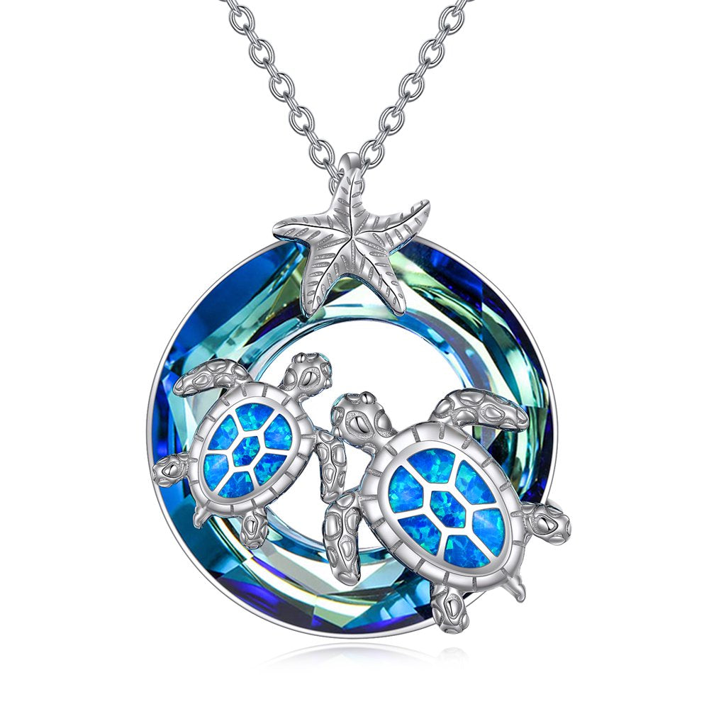 Sea Turtle Jewelry S925 Sterling Silver Ocean Beach Mother Child Turtle with Blue Crystal Necklaces Gift for Women Her Girl Mom Daughter Grandma Birthday Anniversary Mother's Day