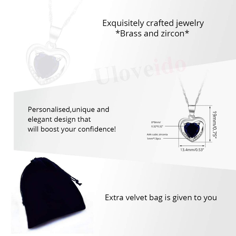 Silver Color Deep Blue Crystal Heart Pendant Birthstone Necklace Doubel Heart Design Valentines Jewelry for Women (Dark Blue)