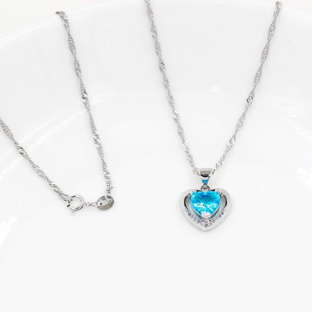Platinum Plated Light Blue Cubic Zirconia Double Heart Pendant Necklace Valentines Jewelry Gifts for Women (Light Blue)