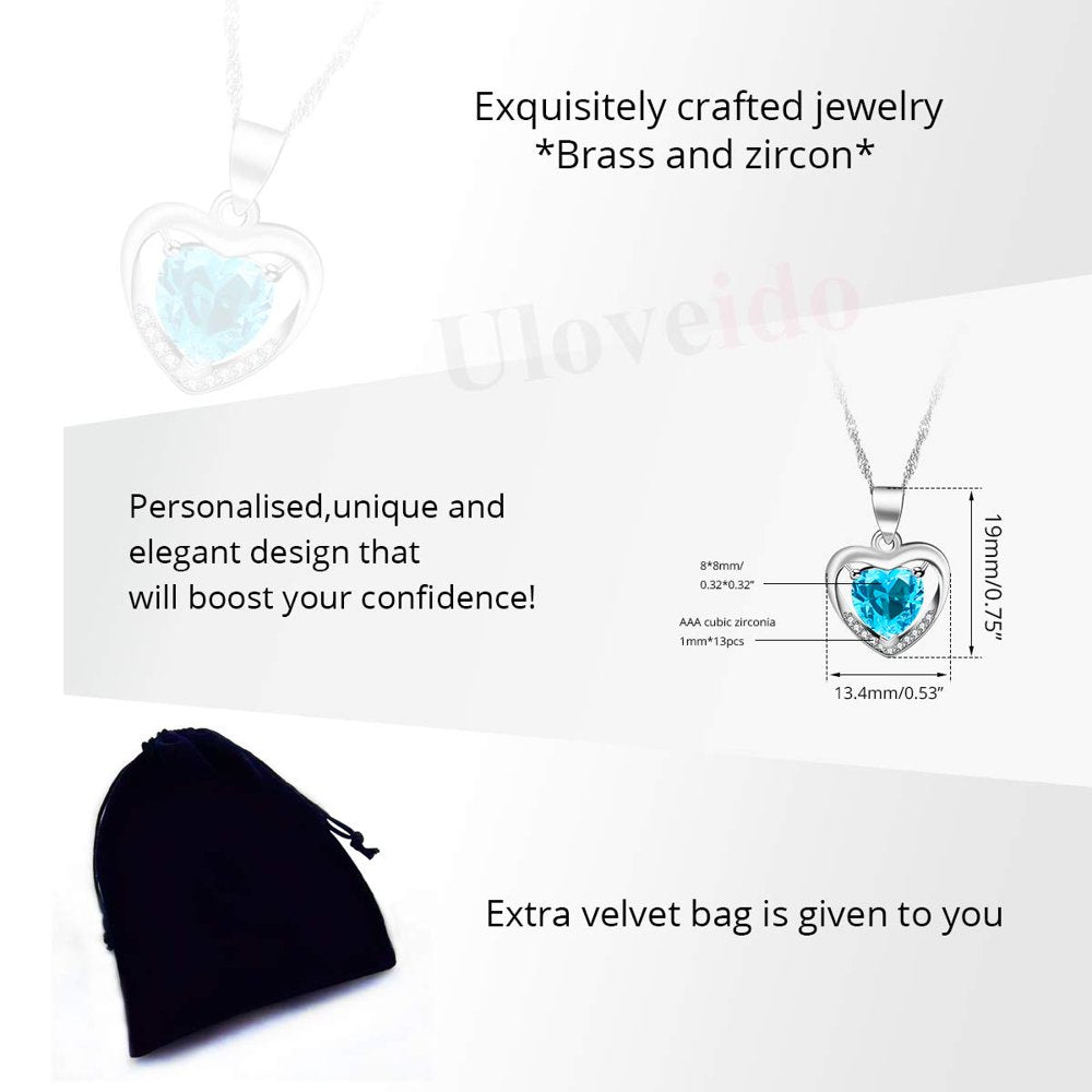 Platinum Plated Light Blue Cubic Zirconia Double Heart Pendant Necklace Valentines Jewelry Gifts for Women (Light Blue)