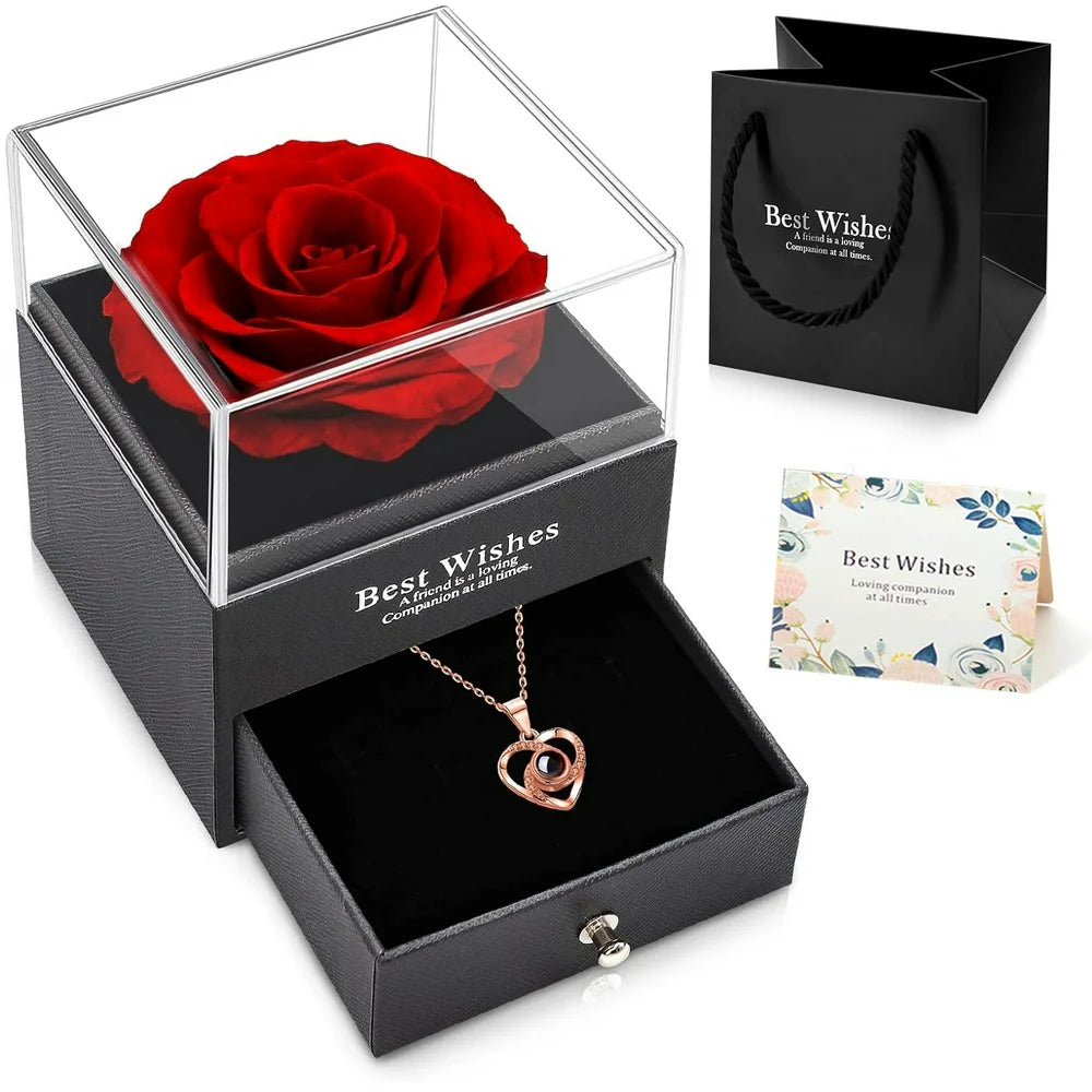 Preserved Red Real Rose with I Love You Necklace in 100 Languages, Eternal Flowers Rose Gifts for Mom Wife Girlfriend Her on Anniversary Valentines Day Christmas Birthday.