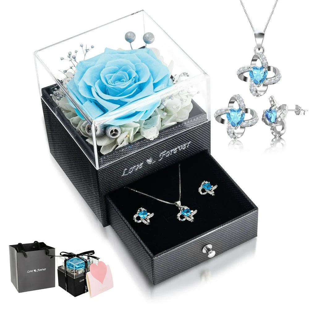 Eternal Rose with Necklace Earrings Set Birthday Gifts for Women Mom Preserved Real Flowers Mothers Day Valentines Day Gifts Anniversary Jewelry Sets for Women Grandma Wife Girlfriend Her (Blue)