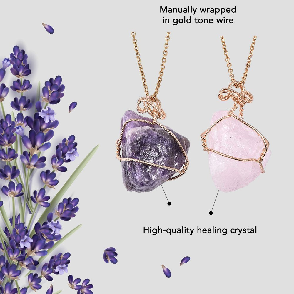 Crystal Necklaces - Handmade Healing Amethyst & Rose Quartz, Fluorite & White Crystal, Citrine & Tiger's Eye Raw Gemstone Necklace Sets - 24" Necklace Length - Set of 2 Birthday Mothers Day