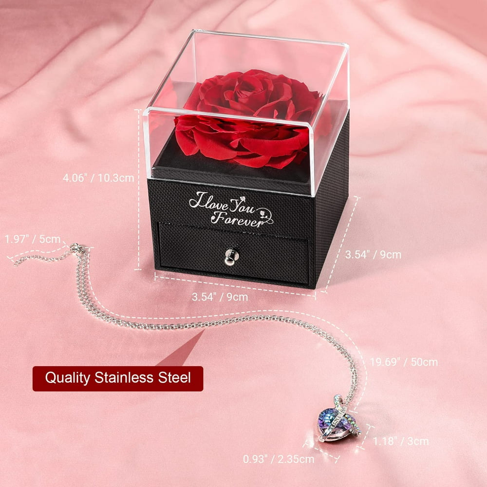 Red Real Preserved Rose Flower with Heart Necklace, Eternal Rose Box with I Love You Necklace for Her Mom Women Wife Grandma Anniversary Birthday Romantic Mothers Day Gifts
