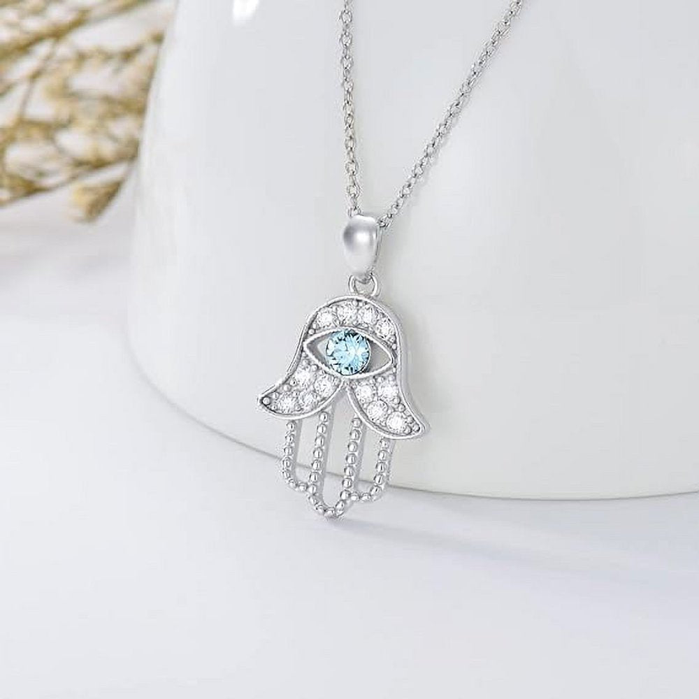 Hamsa Necklace 925 Sterling Silver Fatima Hand Necklace with Blue Crystal Evil Eye Anniversary Jewelry Necklace Gift for Women Girl Mother Gaughter