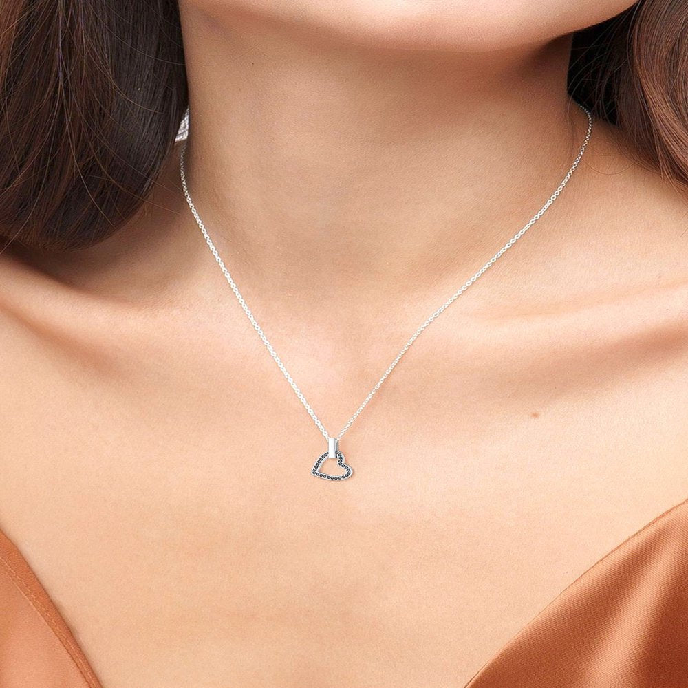 Women Sterling Silver Necklace with Black Cubic Zirconia, Heart Love Pendant Necklace Layering Necklace Gift for Mom Wife Girlfriend