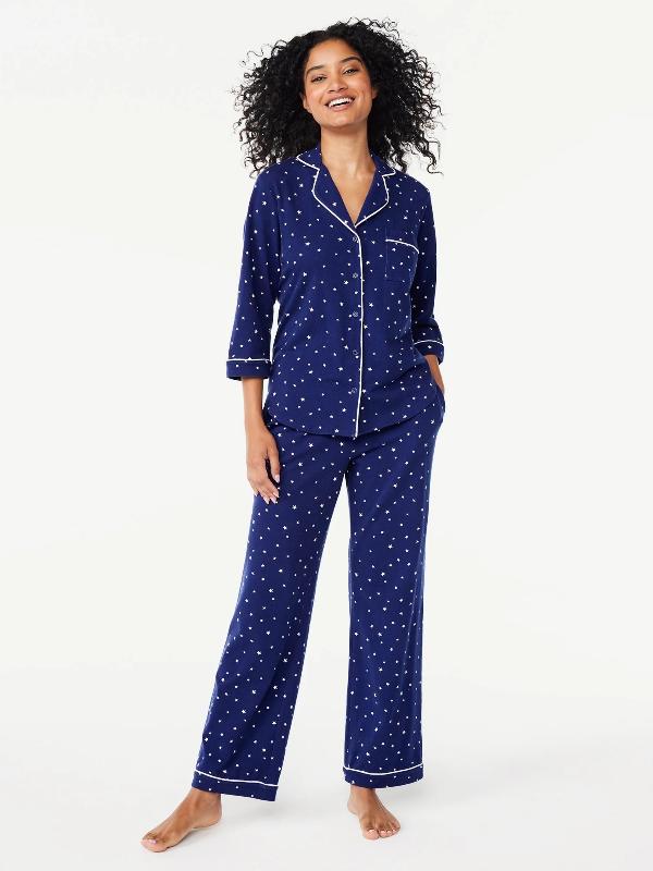 Women’s 2 Piece Pajama Set - Cotton Blend Notch Collar Top and Pants 