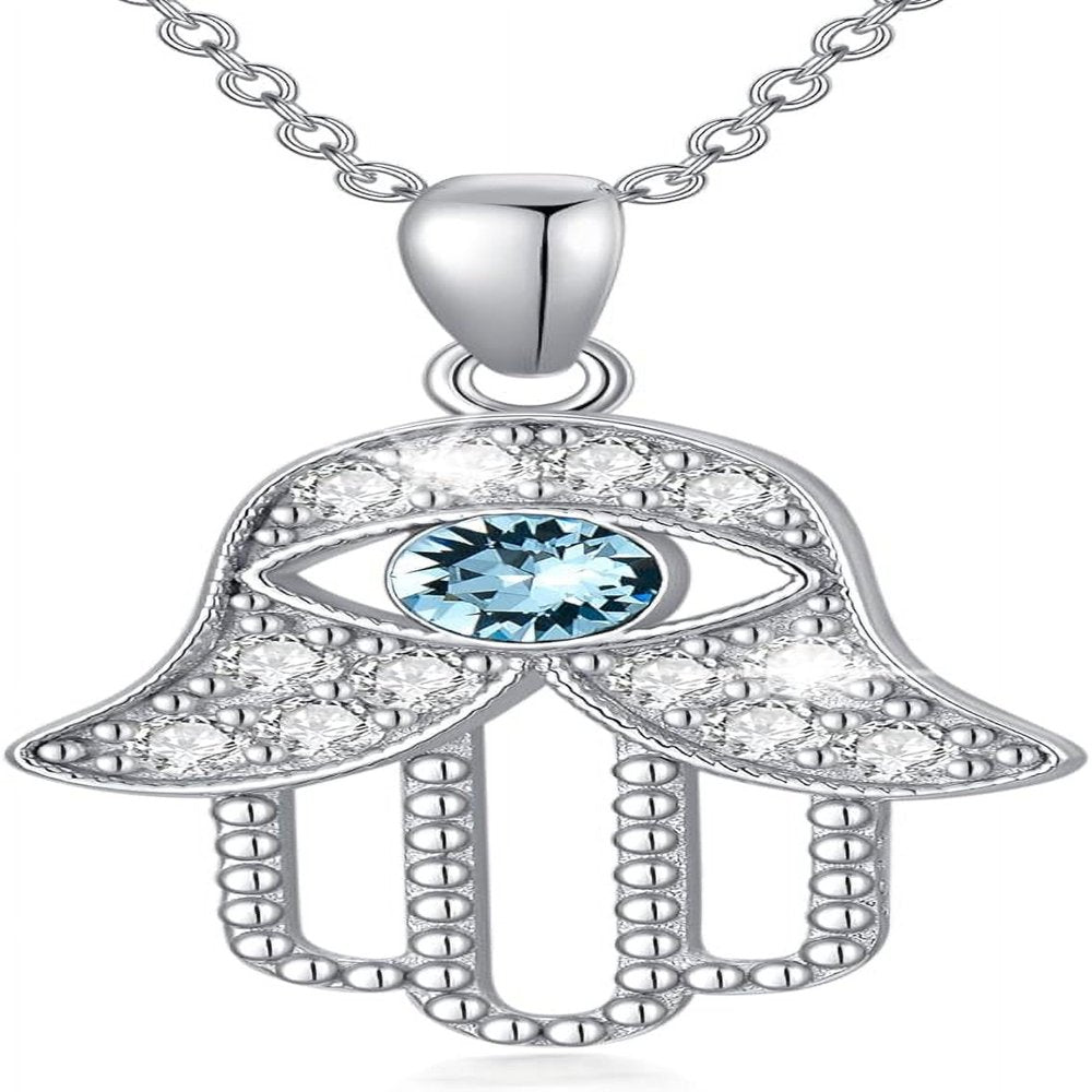 Hamsa Necklace 925 Sterling Silver Fatima Hand Necklace with Blue Crystal Evil Eye Anniversary Jewelry Necklace Gift for Women Girl Mother Gaughter