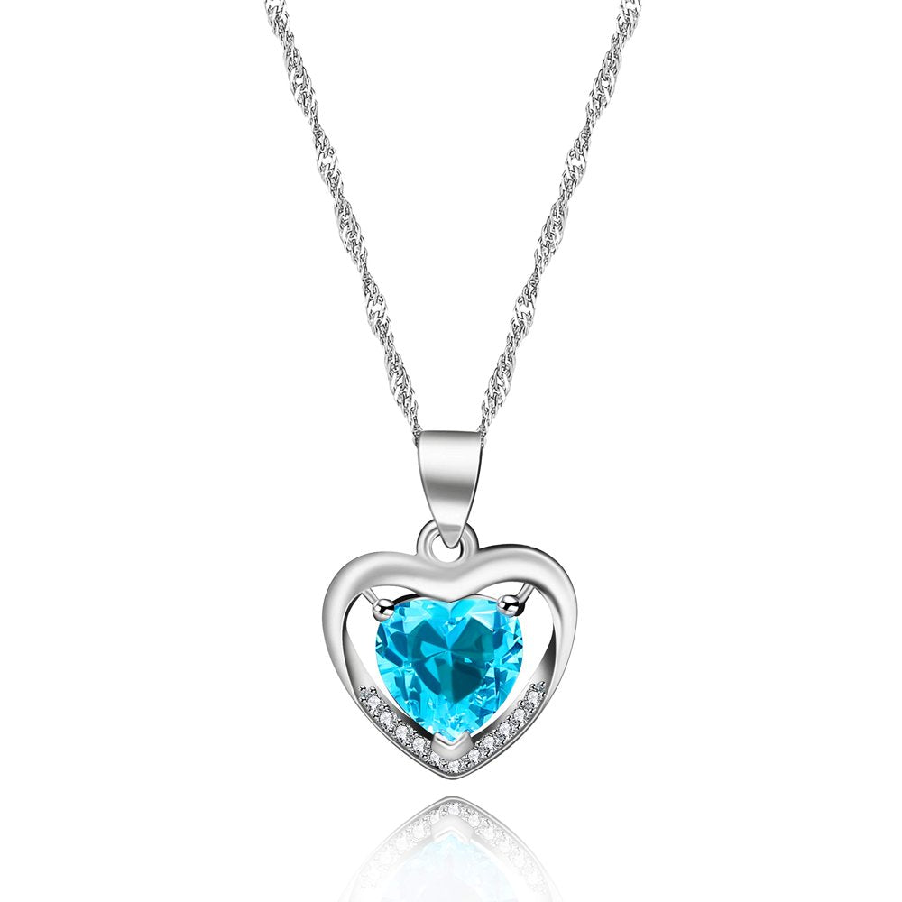 Platinum Plated Light Blue Cubic Zirconia Double Heart Pendant Necklace Valentines Jewelry Gifts for Women (Light Blue)