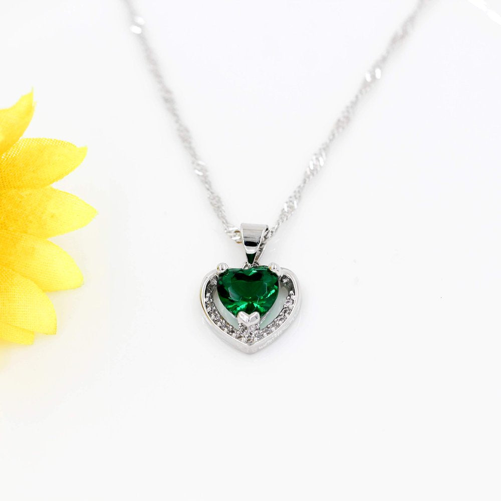 White Gold Plated Green CZ Double Heart Pendant Necklace