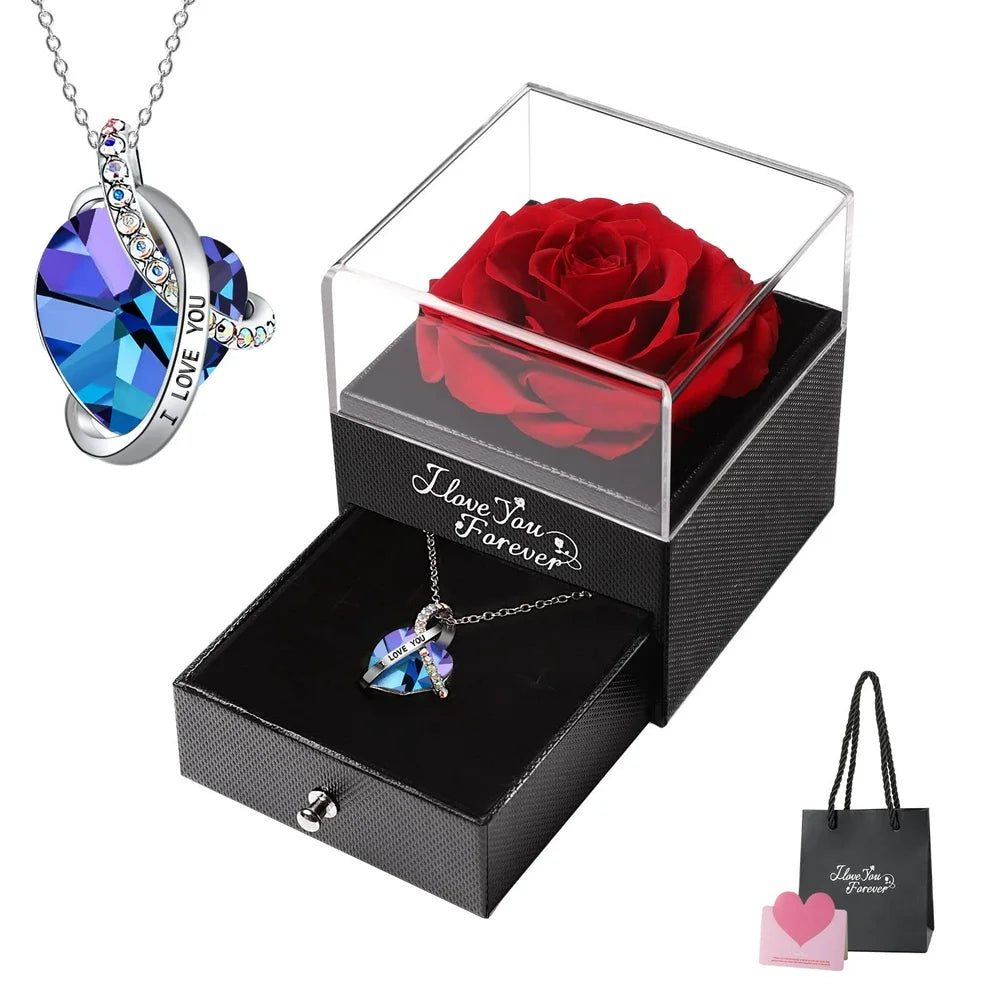 Red Real Preserved Rose Flower with Heart Necklace, Eternal Rose Box with I Love You Necklace for Her Mom Women Wife Grandma Anniversary Birthday Romantic Mothers Day Gifts