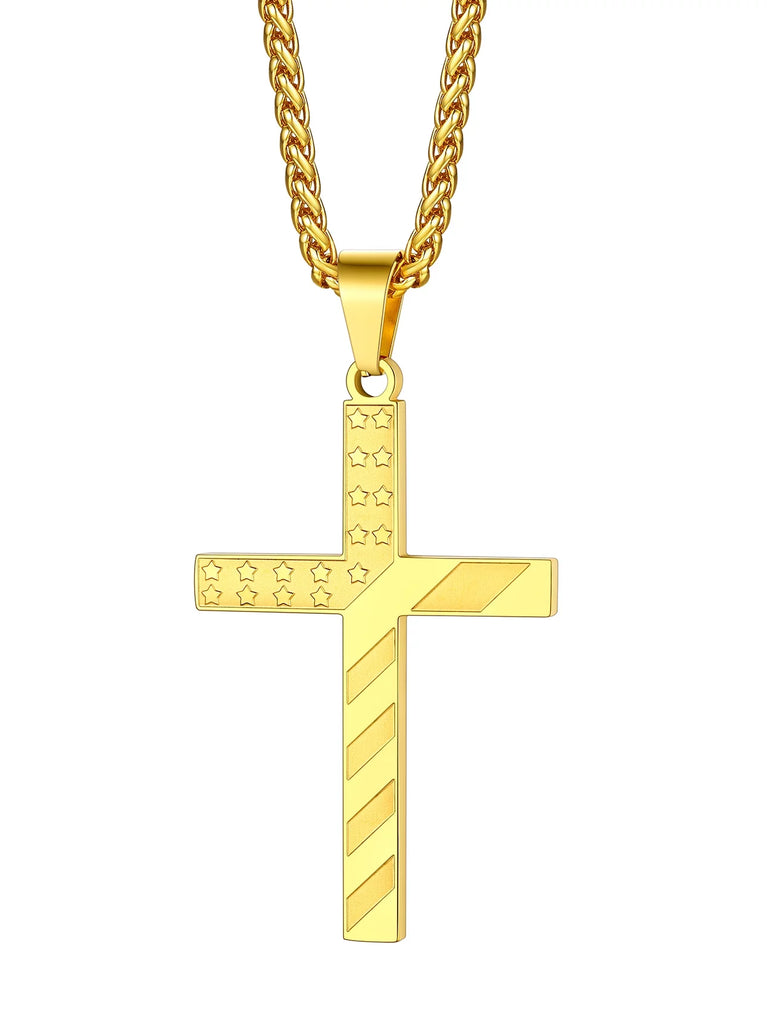 American Flag Patriotic Cross Necklace - Stainless Steel