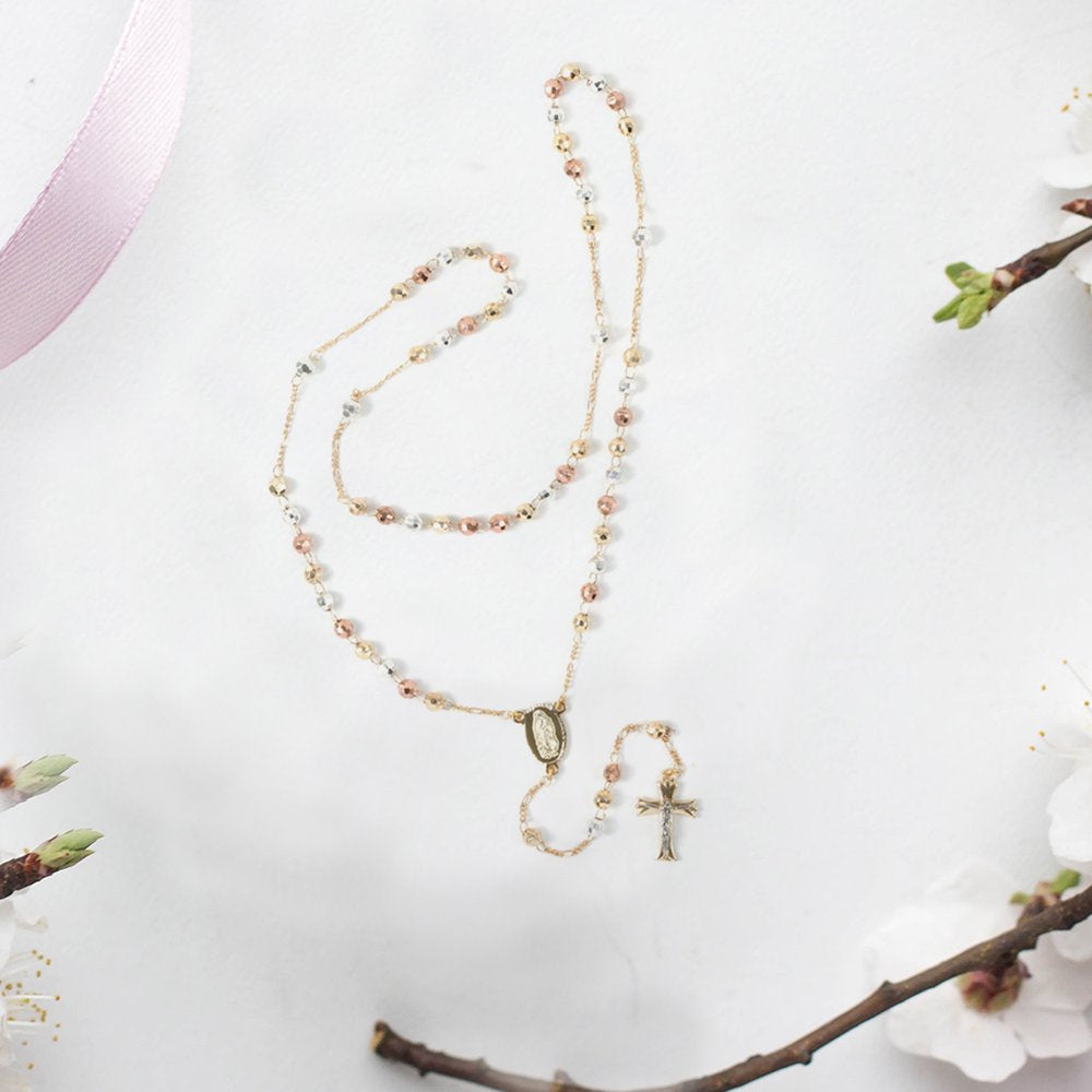 Rosary Necklace for Women - Lariat Cross Necklace in Tritone - Fashion Rosary Bead Necklaces - 26" Chain Length Jewelry Catholic Faith Christian Religious Birthday Mothers Day Gifts for Mom