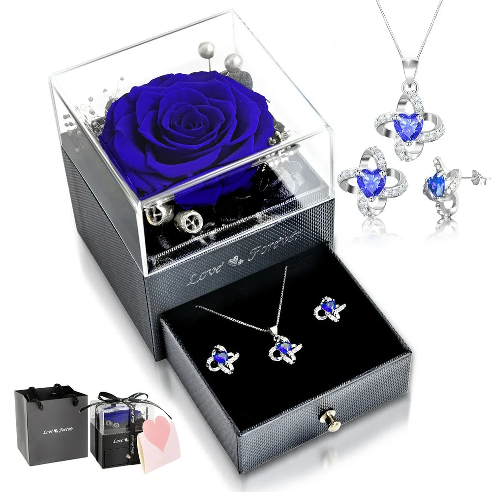 Eternal Rose with Necklace Earrings Set Birthday Gifts for Women Mom Preserved Real Flowers Mothers Day Valentines Day Gifts Anniversary Jewelry Sets for Women Grandma Wife Girlfriend Her (Blue)