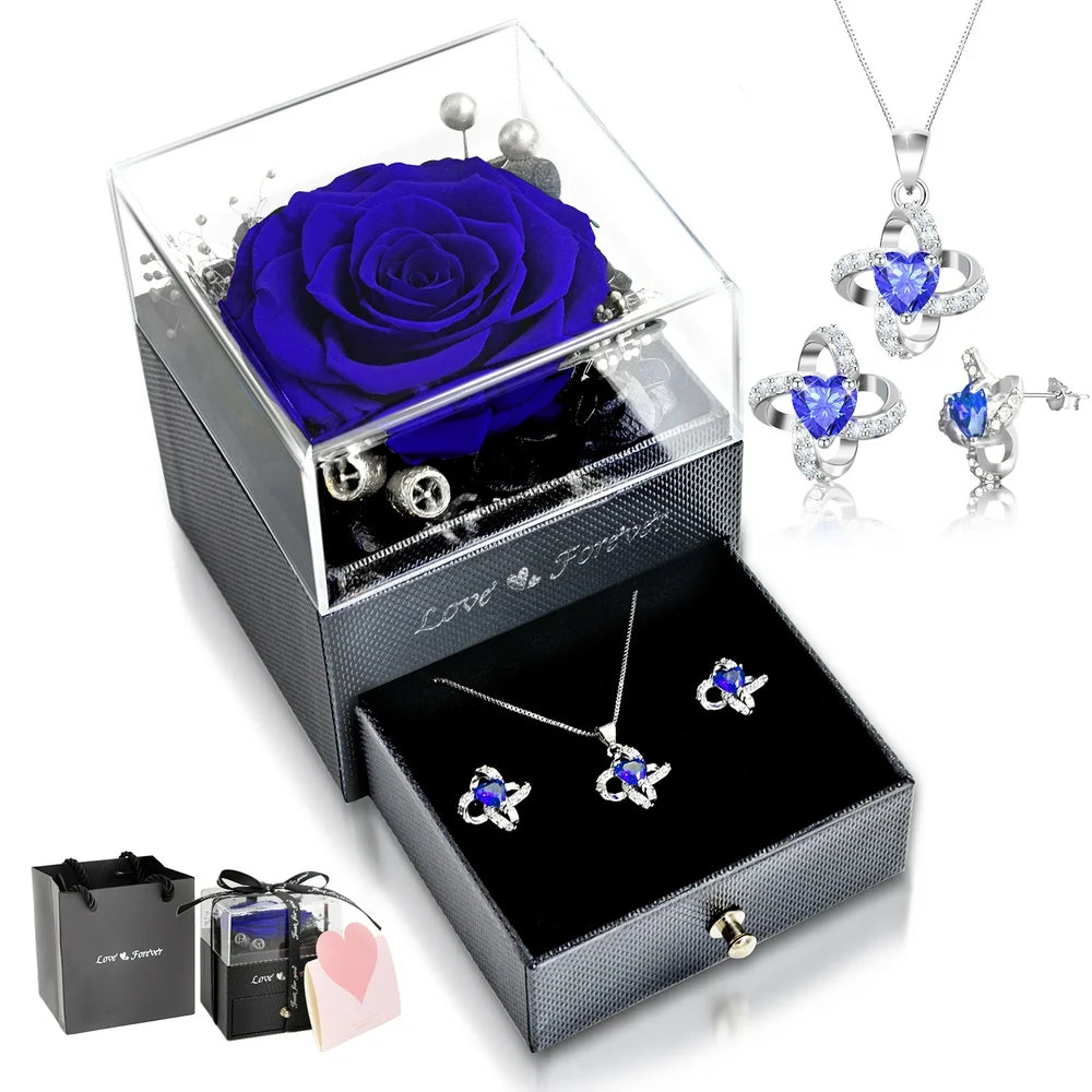 Eternal Rose with Necklace Earrings Set Birthday Gifts for Women Mom Preserved Real Flowers Mothers Day Valentines Day Gifts Anniversary Jewelry Sets for Women Grandma Wife Girlfriend Her (Purple)