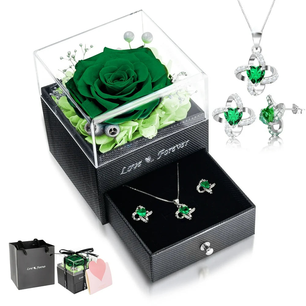 Eternal Rose with Necklace Earrings Set Birthday Gifts for Women Mom Preserved Real Flowers Mothers Day Valentines Day Gifts Anniversary Jewelry Sets for Women Grandma Wife Girlfriend Her (Green)
