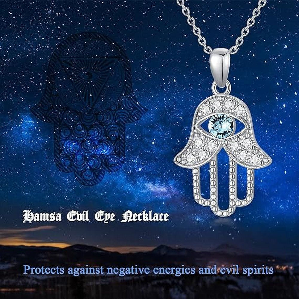 Hamsa Necklace 925 Sterling Silver Fatima Hand Necklace with Blue Crystal Evil Eye Anniversary Jewelry Necklace Gift for Women Girl Mother Gaughter