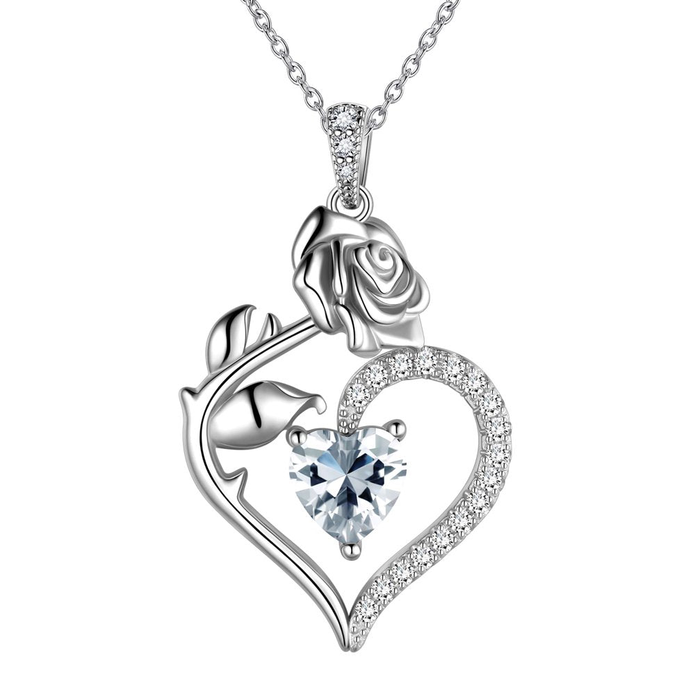 925 Sterling Silver Birthstone Necklace for Women Rose Flower Heart Pendant Necklace