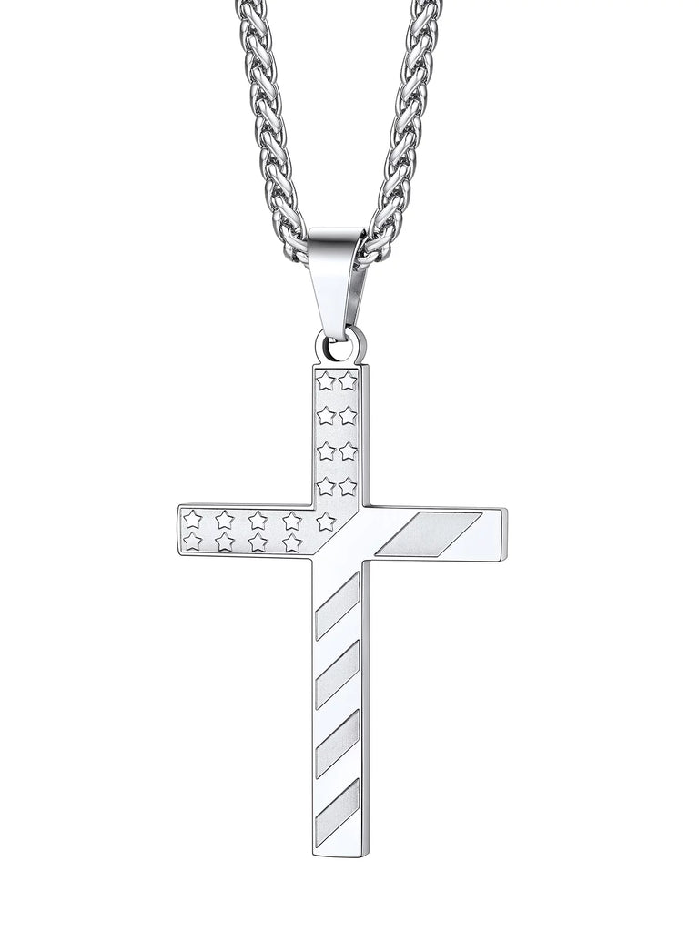 American Flag Patriotic Cross Necklace - Stainless Steel